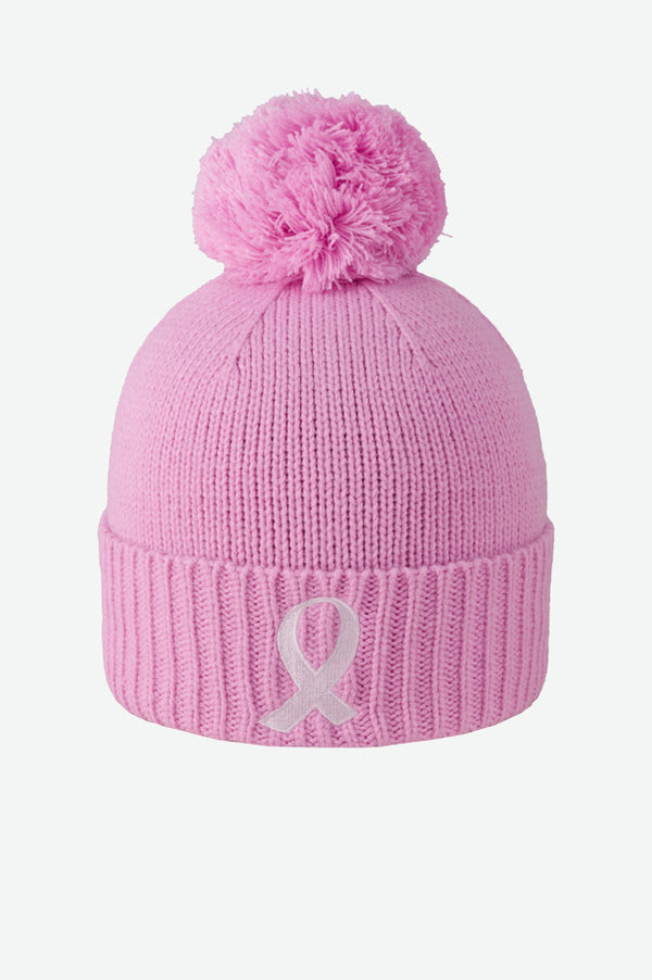 PINK RIBBON CHUNKY RIBBED CUFF POM BEANIE