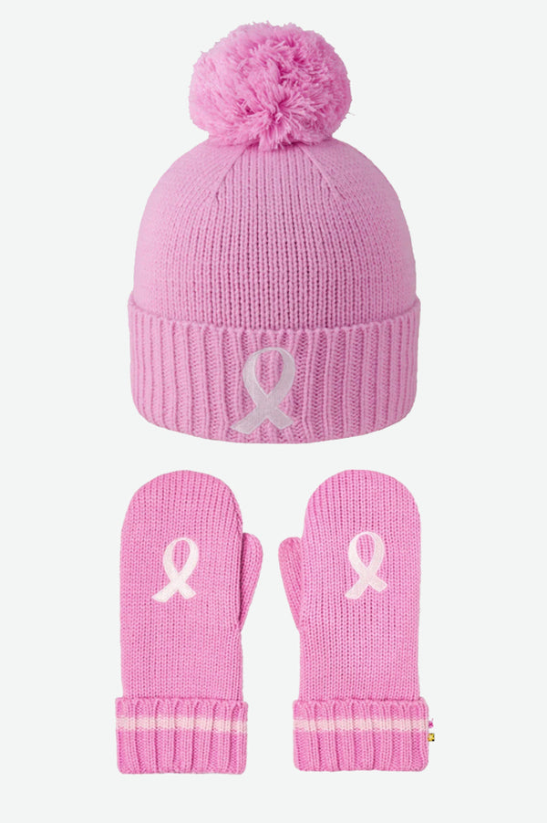 PINK RIBBON BEANIE w/POM & MITT SET