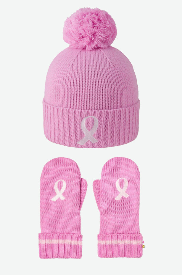 PINK RIBBON BEANIE w/POM & MITT SET